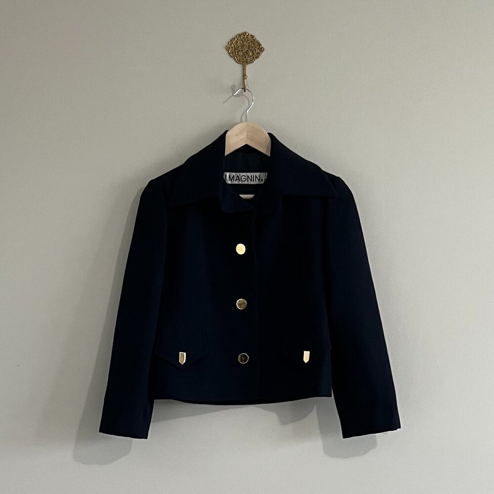 Vintage I. Magnin Navy Cropped Blazer Gold Buttons Preppy Quiet Luxury